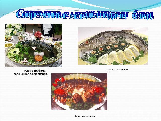 Современные методы подачи блюд Рыба с грибами, запеченная по-московски Судак со щавелем Карп по-чешски