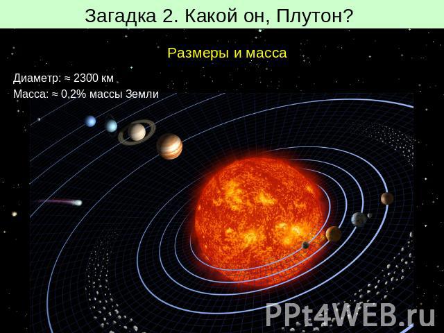 Загадка 2. Какой он, Плутон? Размеры и массаДиаметр: ≈ 2300 кмМасса: ≈ 0,2% массы Земли