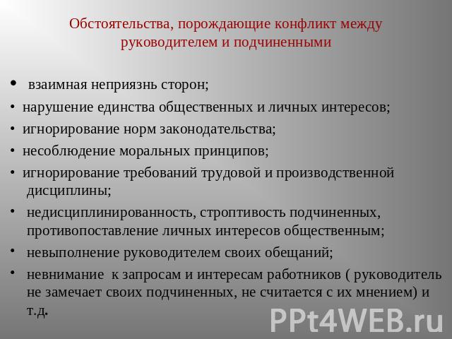 Обстоятельства, порождающие конфликт между руководителем и подчиненными • взаимная неприязнь сторон;• нарушение единства общественных и личных интересов;• игнорирование норм законодательства;• несоблюдение моральных принципов;• игнорирование требова…