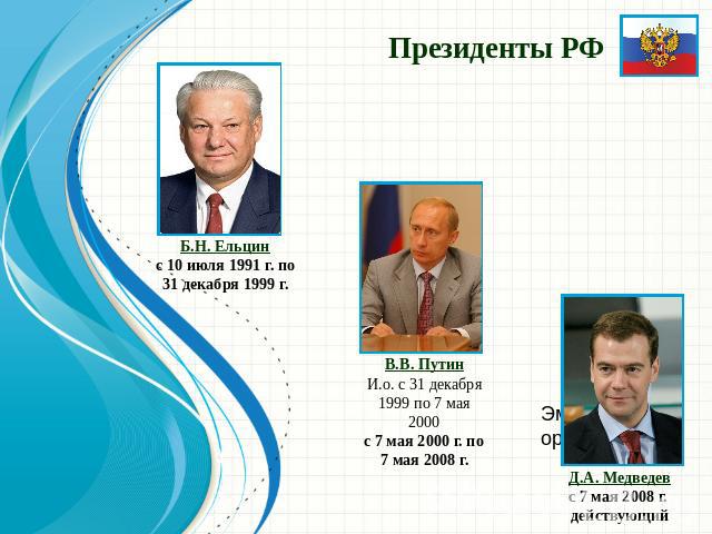 Президенты РФ Б.Н. Ельцинс 10 июля 1991 г. по 31 декабря 1999 г. В.В. ПутинИ.о. с 31 декабря 1999 по 7 мая 2000с 7 мая 2000 г. по 7 мая 2008 г.Д.А. Медведевс 7 мая 2008 г. действующий