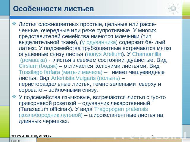 Особенности листьев Листья сложноцветных простые, цельные или рассе- ченные, очередные или реже супротивные. У многих представителей семейства имеются млечники (тип выделительной ткани), (у одуванчика) содержит бе- лый латекс. У подсемейства трубкоц…