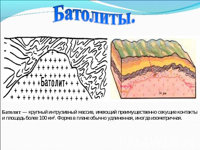 Батолиты. Батолит — крупный интрузивный массив, имеющий преимущественно секущие контакты и площадь более 100 км². Форма в плане обычно удлиненная, иногда изометричная.