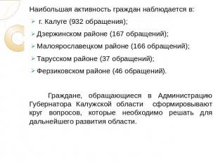 Наибольшая активность граждан наблюдается в: г. Калуге (932 обращения);Дзержинск