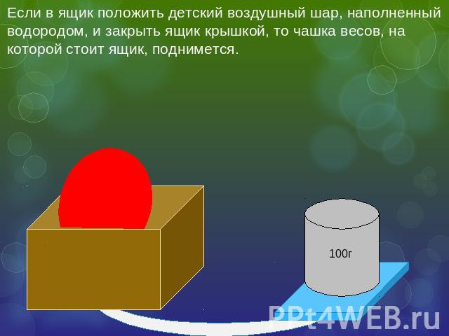 Если в ящик положить детский воздушный шар, наполненный водородом, и закрыть ящик крышкой, то чашка весов, на которой стоит ящик, поднимется.