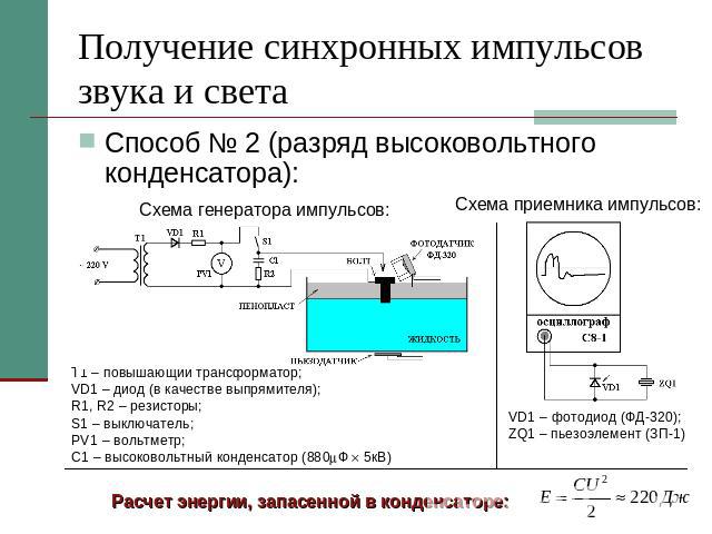 Получение синхронных импульсов звука и света Способ № 2 (разряд высоковольтного конденсатора): T1 – повышающий трансформатор;VD1 – диод (в качестве выпрямителя);R1, R2 – резисторы;S1 – выключатель;PV1 – вольтметр;C1 – высоковольтный конденсатор (880…