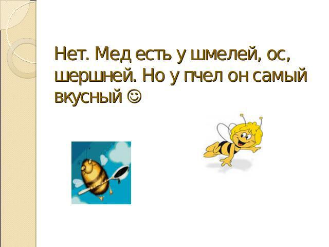 Нет. Мед есть у шмелей, ос, шершней. Но у пчел он самый вкусный