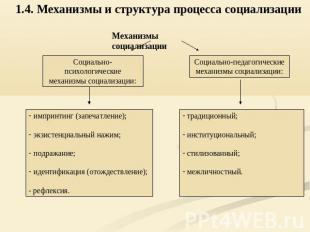 1.4. Механизмы и структура процесса социализации Механизмы социализации Социальн