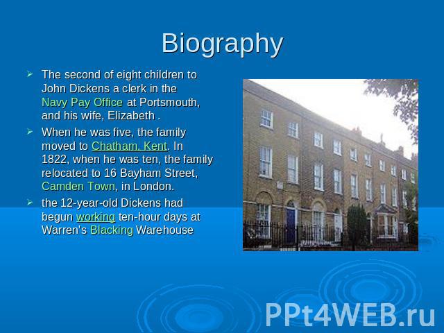 Biography The second of eight children to John Dickens a clerk in the Navy Pay Office at Portsmouth, and his wife, Elizabeth .When he was five, the family moved to Chatham, Kent. In 1822, when he was ten, the family relocated to 16 Bayham Street, Ca…