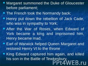 Margaret summoned the Duke of Gloucester before parliament;The French took the N