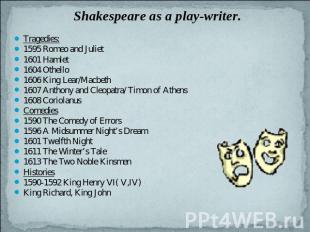 Shakespeare as a play-writer. Tragedies:1595 Romeo and Juliet1601 Hamlet1604 Oth