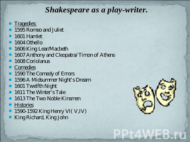 Shakespeare as a play-writer. Tragedies:1595 Romeo and Juliet1601 Hamlet1604 Othello1606 King Lear/Macbeth1607 Anthony and Cleopatra/ Timon of Athens1608 CoriolanusComedies1590 The Comedy of Errors1596 A Midsummer Night’s Dream1601 Twelfth Night1611…