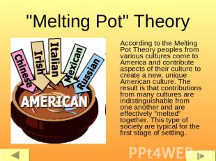 "Melting Pot" Theory According to the Melting Pot Theory peoples from various cu