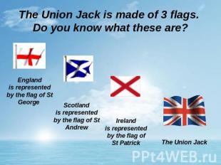 The Union Jack is made of 3 flags. Do you know what these are? Englandis represe