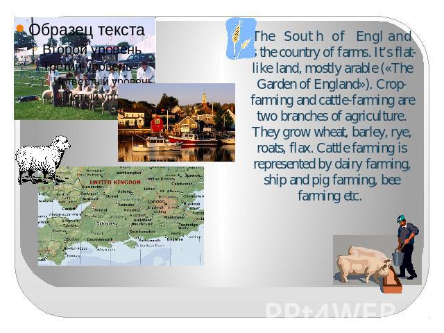 The South of England is the country of farms. It’s flat-like land, mostly arable («The Garden of England»). Crop-farming and cattle-farming are two branches of agriculture. They grow wheat, barley, rye, roats, flax. Cattle farming is represented by …