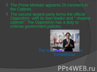 The Prime Minister appoints 20 ministers in the Cabinet.The second largest party