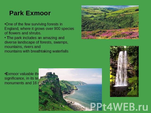 Park Exmoor  One of the few surviving forests in England, where it grows over 900 species of flowers and shrubs. The park includes an amazing and diverse landscape of forests, swamps, mountains, rivers and mountains with breathtaking waterfalls Exmo…