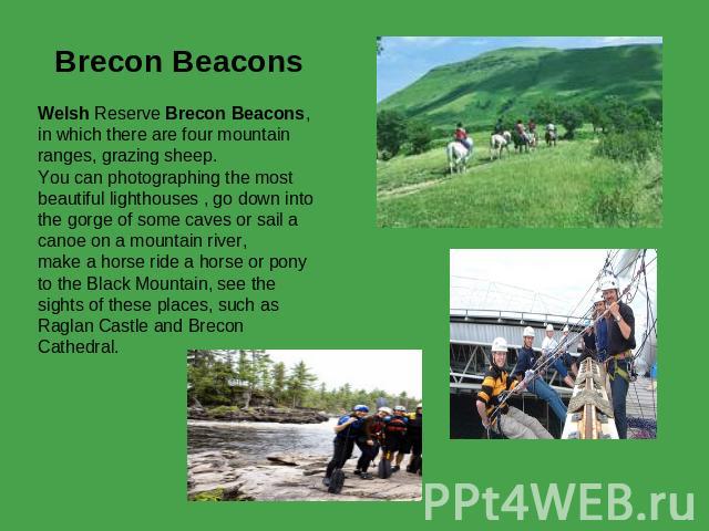 Brecon Beacons Welsh Reserve Brecon Beacons, in which there are four mountain ranges, grazing sheep. You can photographing the most beautiful lighthouses , go down into the gorge of some caves or sail a canoe on a mountain river,make a horse ride a …