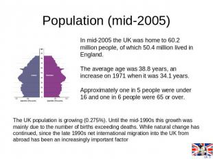 Population (mid-2005) In mid-2005 the UK was home to 60.2 million people, of whi