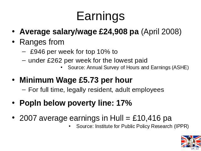 Earnings Average salary/wage £24,908 pa (April 2008)Ranges from £946 per week for top 10% to under £262 per week for the lowest paid Source: Annual Survey of Hours and Earnings (ASHE)Minimum Wage £5.73 per hour For full time, legally resident, adult…