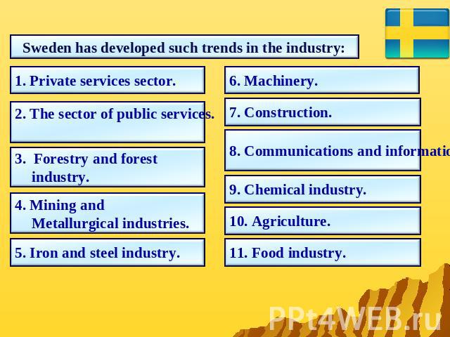 Sweden has developed such trends in the industry: 1. Private services sector. 2. The sector of public services. 3. Forestry and forest industry.4. Mining and Metallurgical industries.5. Iron and steel industry.6. Machinery.7. Construction.8. Communi…