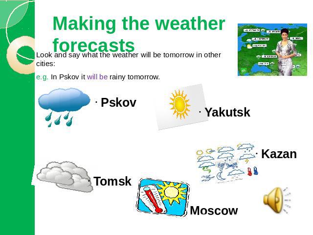 Making the weather forecasts Look and say what the weather will be tomorrow in other cities:e.g. In Pskov it will be rainy tomorrow.