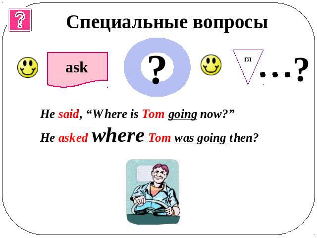 Специальные вопросы He said, “Where is Tom going now?”He asked where Tom was going then?
