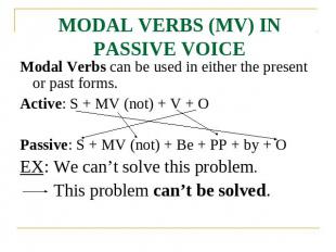 MODAL VERBS (MV) IN PASSIVE VOICE Modal Verbs can be used in either the present