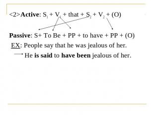 Active: S1 + V1 + that + S2 + V2 + (O)Passive: S+ To Be + PP + to have + PP + (O