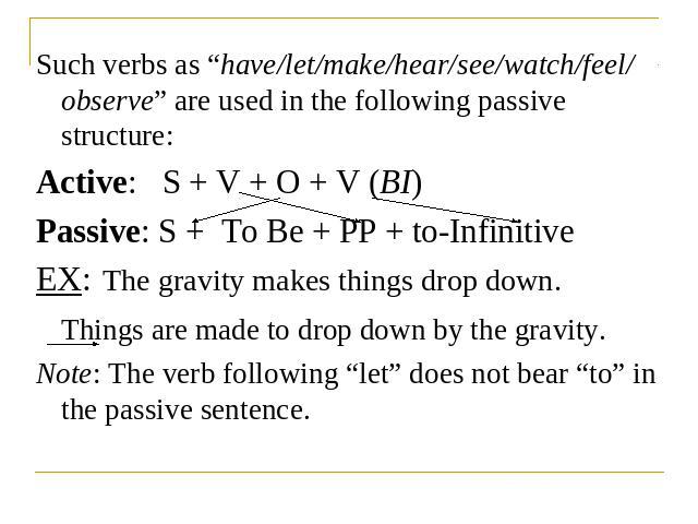 Such verbs as “have/let/make/hear/see/watch/feel/ observe” are used in the following passive structure:Active: S + V + O + V (BI)Passive: S + To Be + PP + to-InfinitiveEX: The gravity makes things drop down.Things are made to drop down by the gravit…