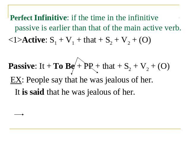 Perfect Infinitive: if the time in the infinitive passive is earlier than that of the main active verb.Active: S1 + V1 + that + S2 + V2 + (O)Passive: It + To Be + PP + that + S2 + V2 + (O) EX: People say that he was jealous of her.It is said that he…