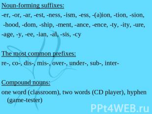 Noun-forming suffixes:-er, -or, -ar, -est, -ness, -ism, -ess, -(a)ion, -tion, -s