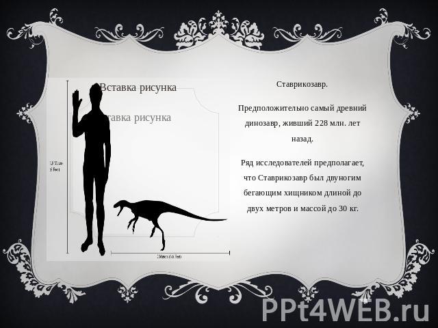 Ставрикозавр.Предположительно самый древний динозавр, живший 228 млн. лет назад.Ряд исследователей предполагает, что Ставрикозавр был двуногим бегающим хищником длиной до двух метров и массой до 30 кг.