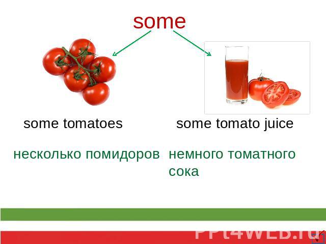 some some tomatoes несколько помидоров some tomato juice немного томатного сока