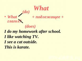 What (do)What + подлежащее + глагол? (does)I do my homework after school.I like