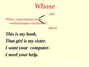 Whose (do)Whose существительное +подлежащее+сказуемое? (does) This is my book.Th