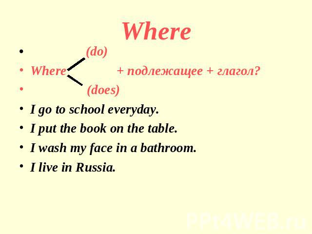 Where (do)Where + подлежащее + глагол? (does)I go to school everyday.I put the book on the table.I wash my face in a bathroom.I live in Russia.