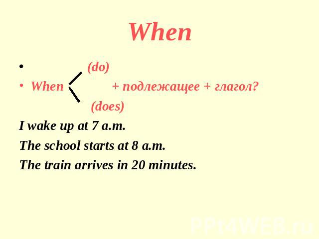 When (do)When + подлежащее + глагол? (does)I wake up at 7 a.m.The school starts at 8 a.m.The train arrives in 20 minutes.