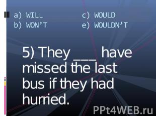 a) WILLb) WON’Tc) WOULDe) WOULDN’T 5) They ___ have missed the last bus if they