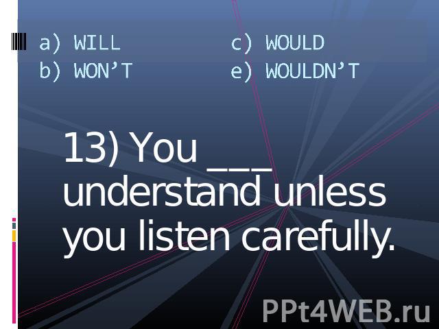 13) You ___ understand unless you listen carefully.13) You ___ understand unless you listen carefully.