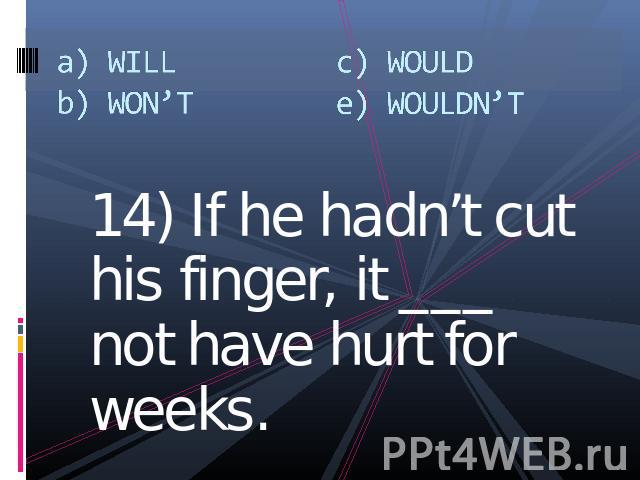 a) WILLb) WON’Tc) WOULDe) WOULDN’T 14) If he hadn’t cut his finger, it ___ not have hurt for weeks.