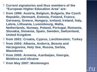 Current signatories and thus members of the "European Higher Education Area" are