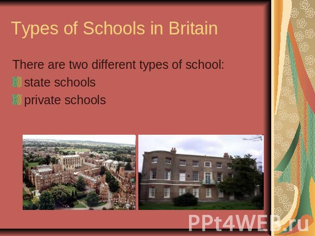 Types of Schools in BritainThere are two different types of school:state schoolsprivate schools