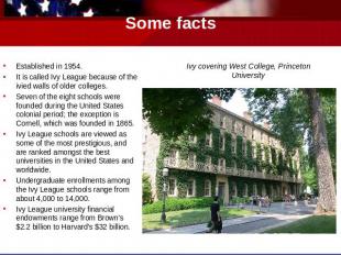 Some facts Established in 1954.It is called Ivy League because of the ivied wall