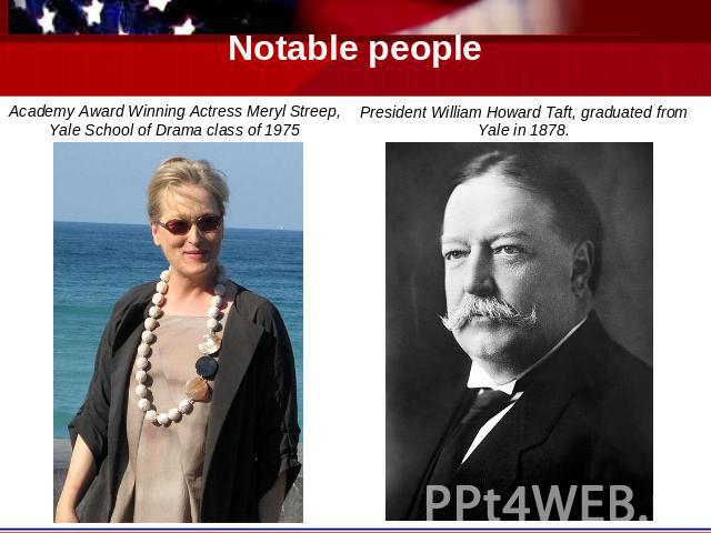 Notable people Academy Award Winning Actress Meryl Streep, Yale School of Drama class of 1975 President William Howard Taft, graduated from Yale in 1878.