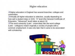 Higher education Higher education in England has several branches: colleges and