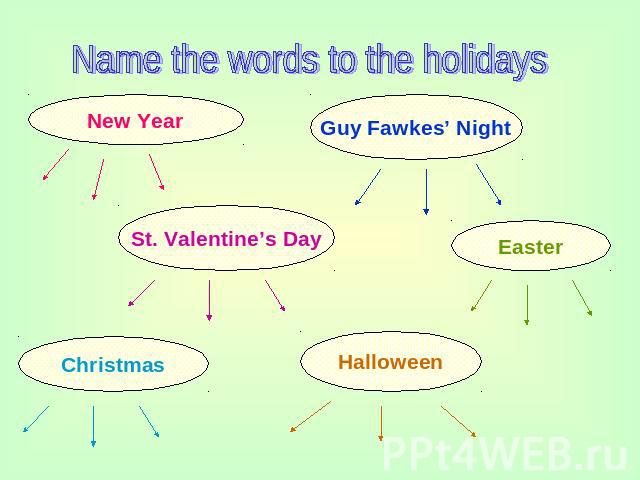 Name the words to the holidays New Year Guy Fawkes’ Night St. Valentine’s Day Easter Christmas Halloween