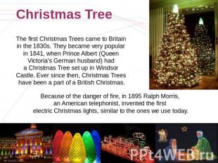 Christmas Tree The first Christmas Trees came to Britain in the 1830s. They beca
