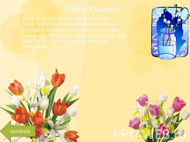 Spring Flowers Easter it the time of the waiting of spring. Tulips, narcissuses decorate Russian houses.In England people decorate churches and their houses with flowers. The main flowers is the snow-white lily. It is the symbol of the hope and moth…