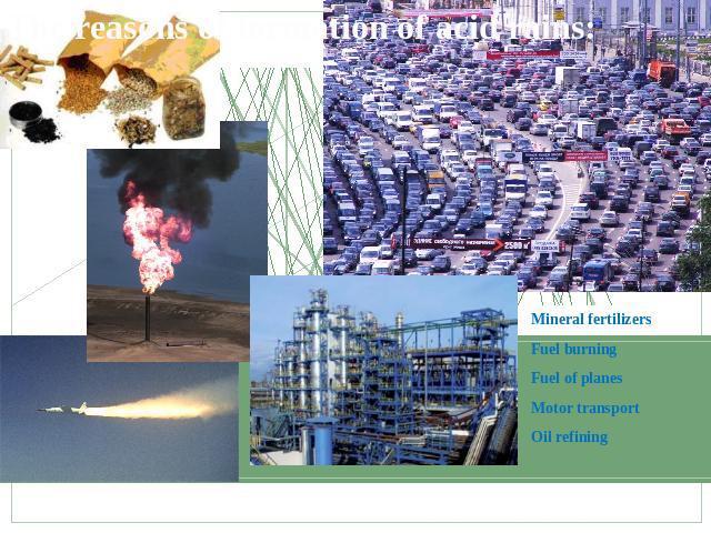 The reasons of formation of acid rains: Mineral fertilizersFuel burningFuel of planes Motor transportOil refining