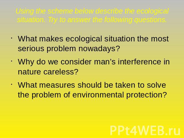 Using the scheme below describe the ecological situation. Try to answer the following questions. What makes ecological situation the most serious problem nowadays?Why do we consider man’s interference in nature careless?What measures should be taken…